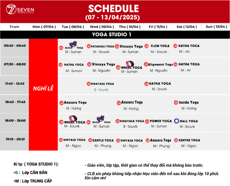 LỊCH HỌC TUẦN MỚI TỪ NGÀY 07/04 - 13/04/2025