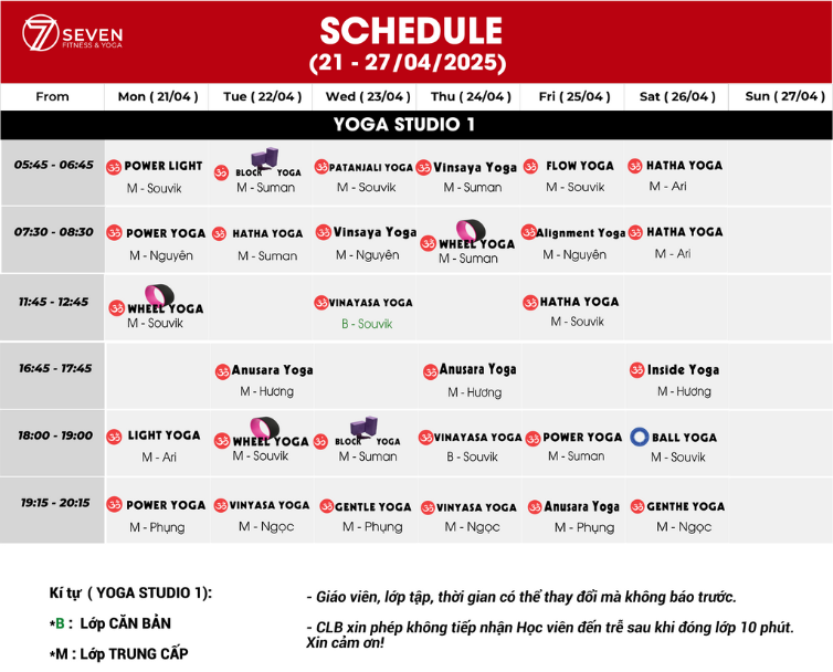 LỊCH TẬP YOGA & GROUP X TỪ NGÀY 21 - 27/04/2025