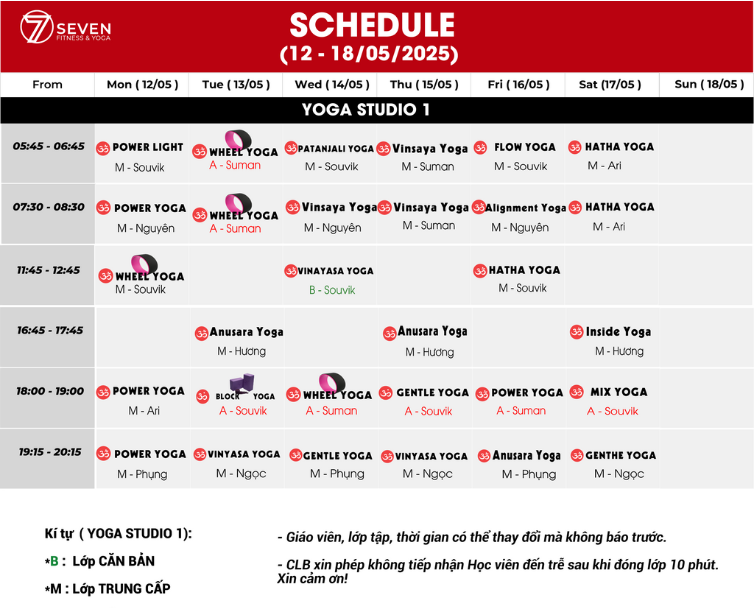LỊCH TẬP YOGA & GROUP X TỪ NGÀY 19 - 25/05/2025