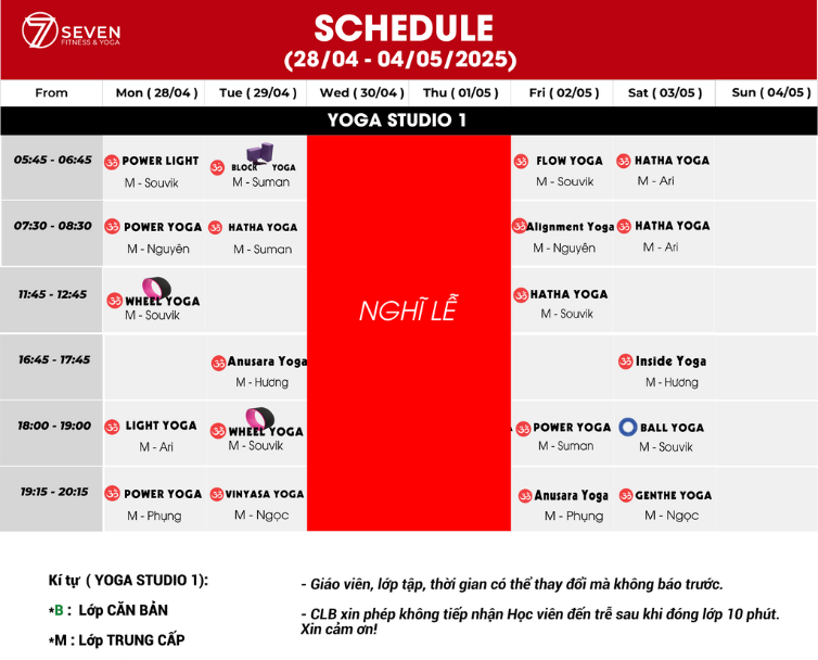 LỊCH TẬP YOGA & GROUP X TỪ NGÀY 28/04 - 04/05/2025