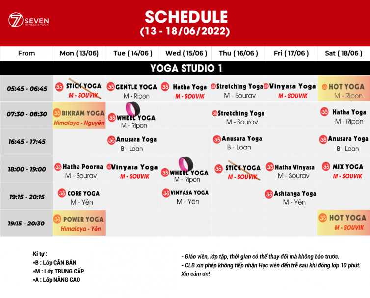 LỊCH TẬP CÁC LỚP YOGA VIỆT NAM & ẤN ĐỘ TẠI SEVEN GYM