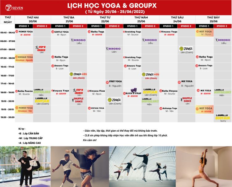 LỊCH TẬP YOGA VÀ GROUP X TẠI SEVEN GYM TỪ NGÀY 20-06